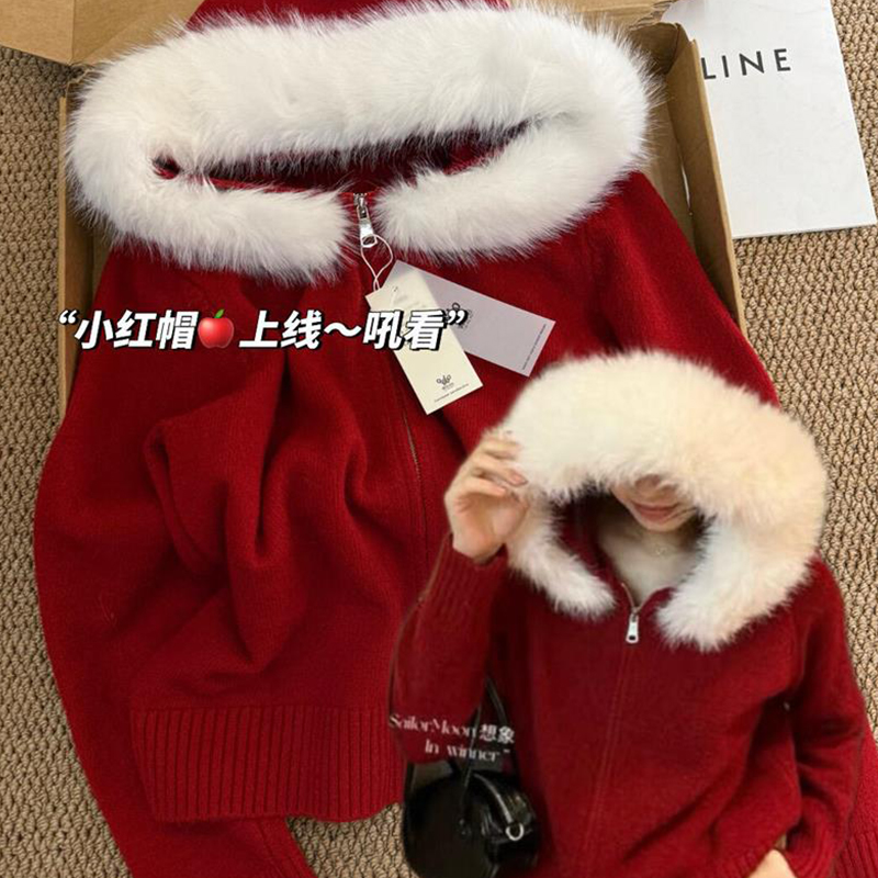 圣诞新年穿搭连帽毛领红色外套开衫毛衣女秋冬宽松少女学院风上衣
