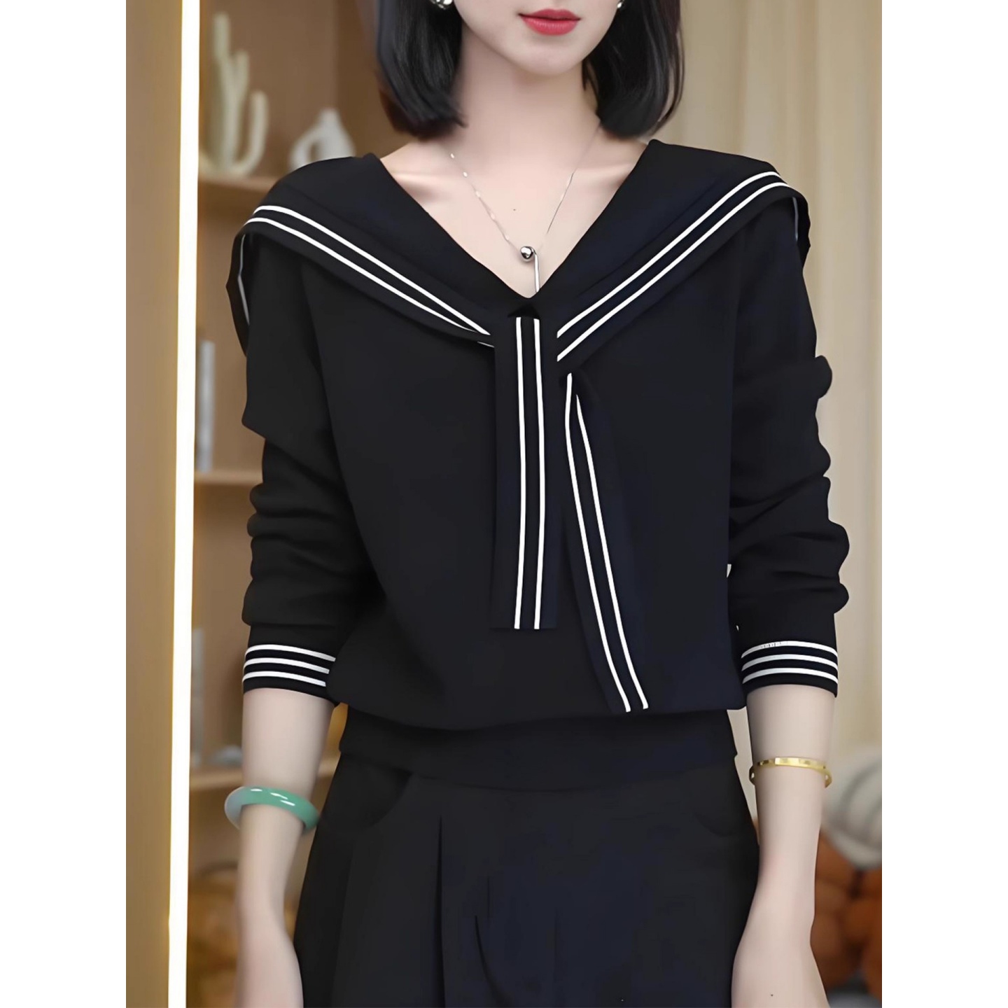 拉夏贝尔慵懒风时尚长袖针织衫女2025秋季新款海军领上衣系带毛衣