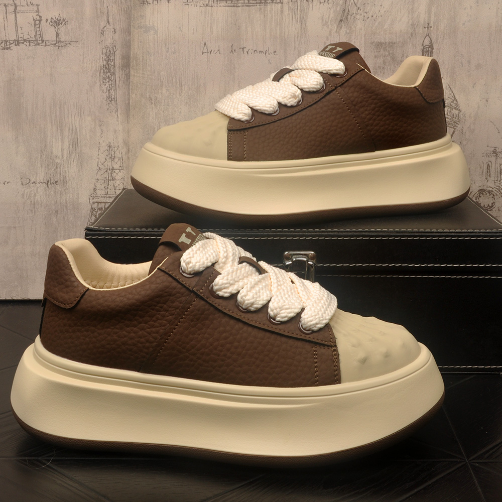 男士真皮板鞋秋季新款厚底内增高透气圆头棕色复古休闲鞋网红潮鞋