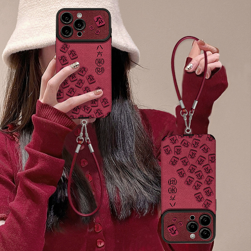 适用苹果17promax手机壳女款麻将發挂绳酒红电镀大视窗翻毛皮防摔