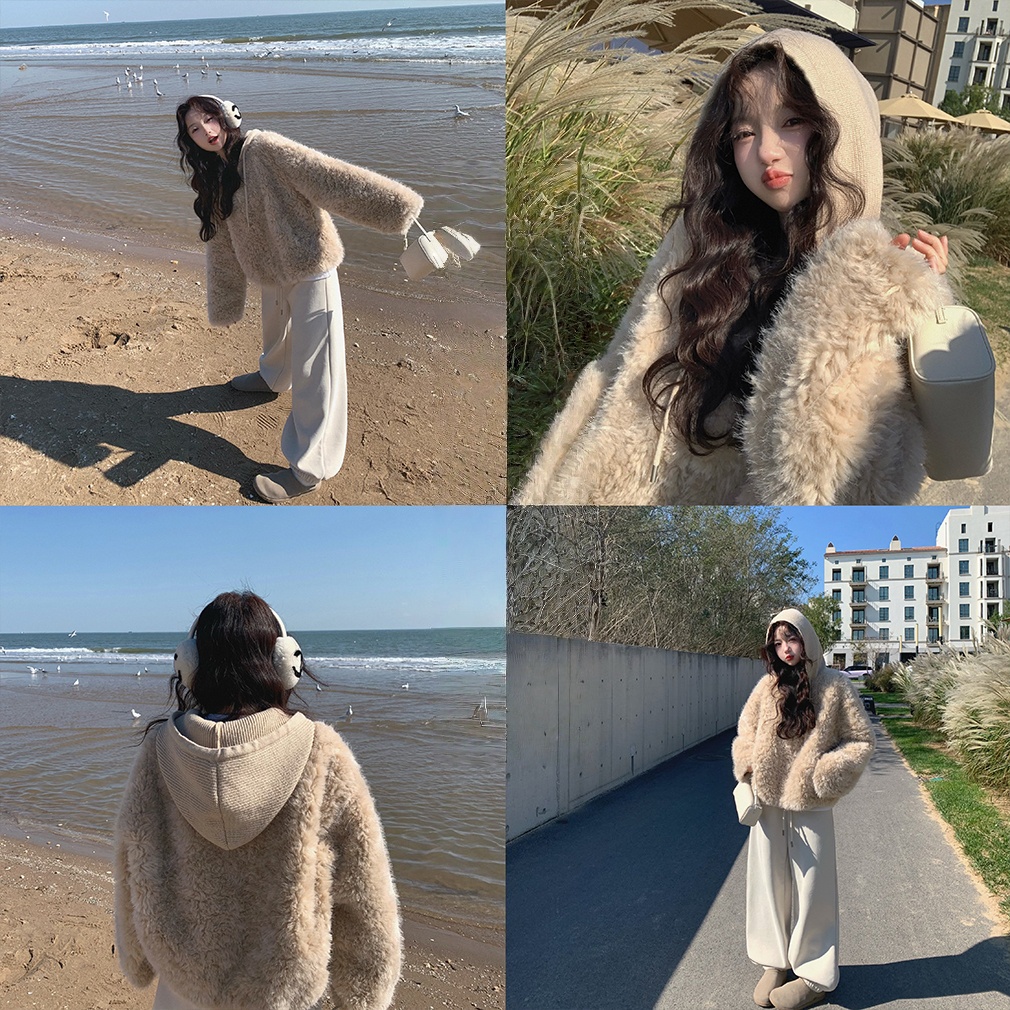 设计感减龄百搭针织连帽羊圈绒环保毛软糯毛毛外套女