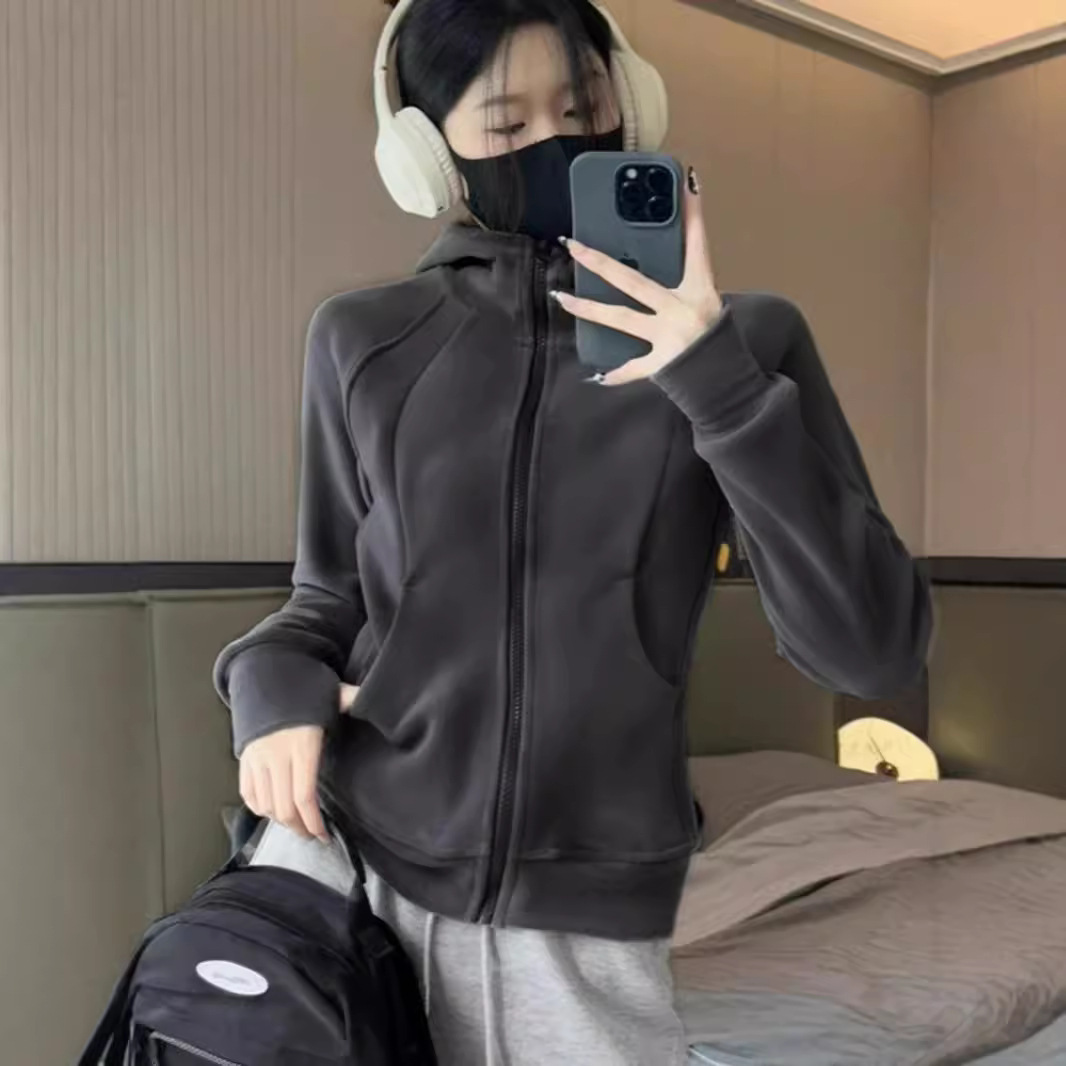 薄款lulu双面德绒连帽卫衣女春秋新款加绒奥粒绒摇粒绒小个子加厚