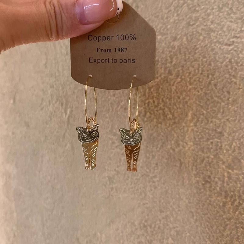 中古2025新款古埃及灵动做旧金猫咪吊坠耳圈复古圈圈时尚夸张耳环