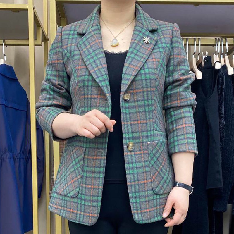 春季新款时尚洋气网红格子西装外套休闲百搭显瘦气质中年妈妈外套