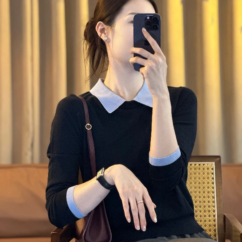 法式气质假两件Polo领针织打底衫女秋季2025新款洋气百搭显瘦毛衣