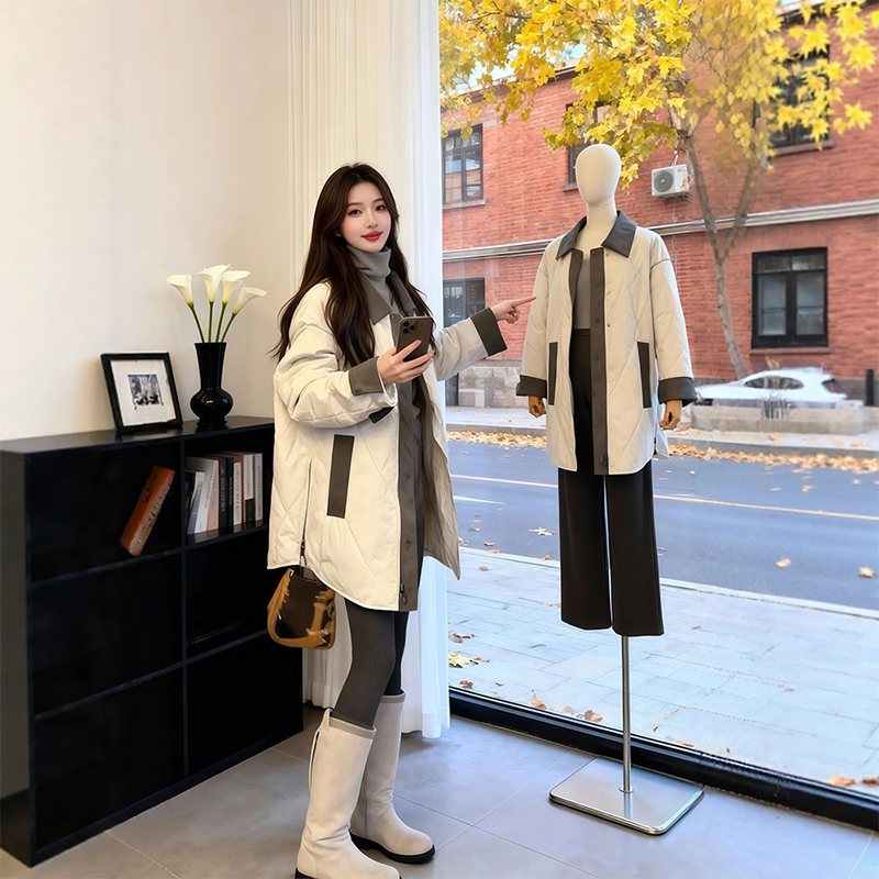 韩系中长款菱形格白色棉服女冬季大码胖mm高级感加厚保暖棉衣外套