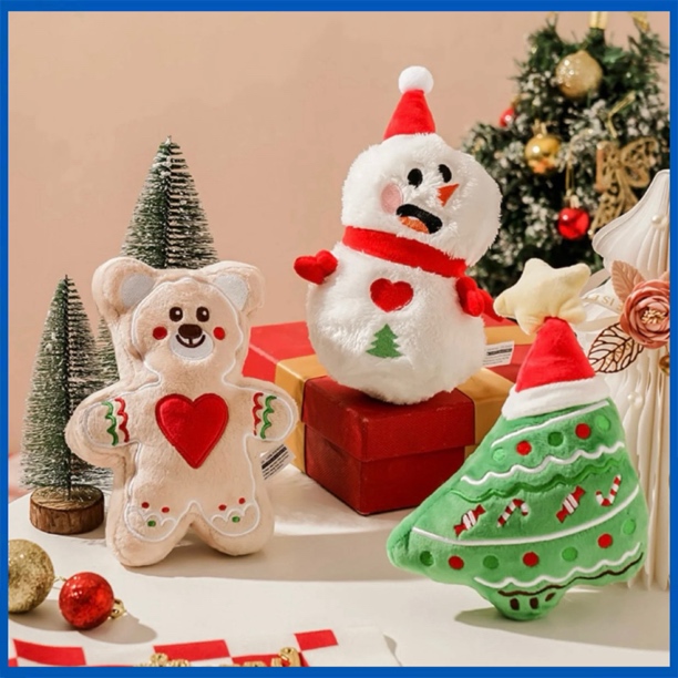 圣诞节狗狗毛绒发声玩具刺绣姜饼熊雪人圣诞树甜甜圈藏食圣诞袜