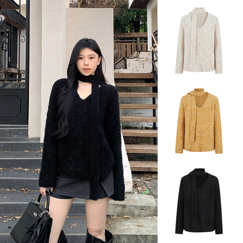 Moses Queen/魔西女王红色宽松v领毛衣秋季针织衫慵懒风长袖上衣