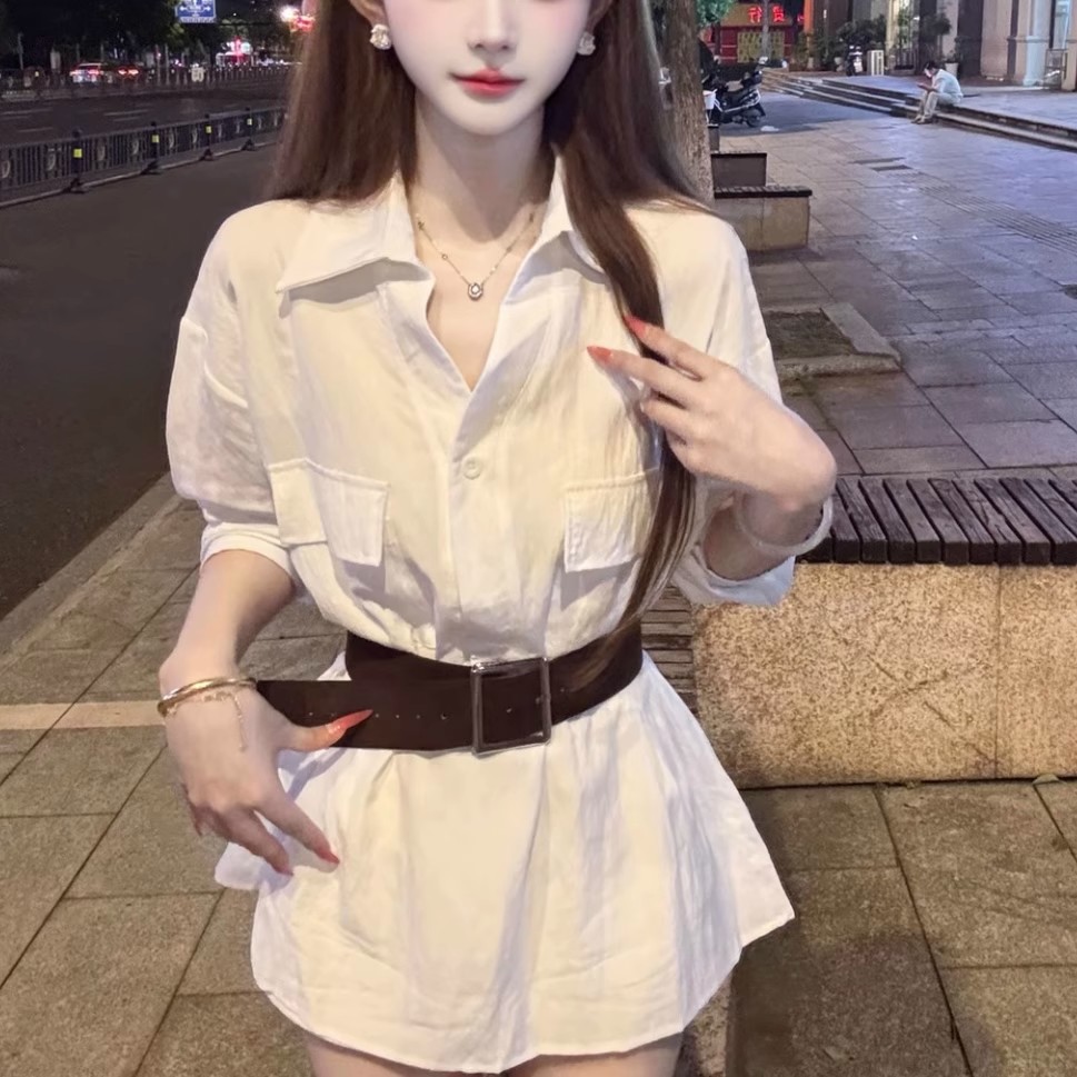 十三行2025早秋新款纯棉慵懒风v领宽松长袖衬衫女别致衬衣配腰带
