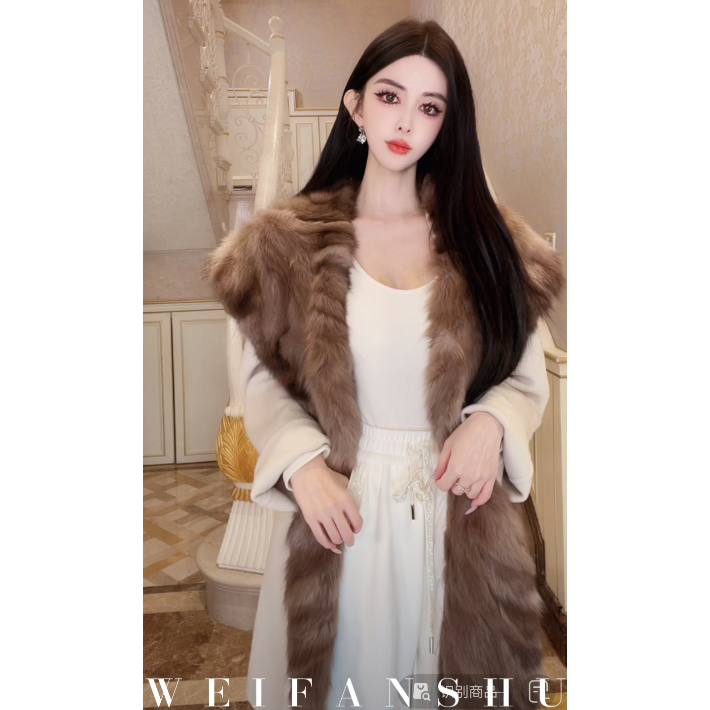 WEIFANSHU/魏凡舒【漫旅柏林】秋冬新款高级贵妇羊绒澳毛拼水貂外套