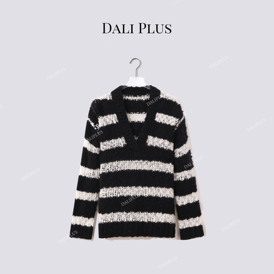 DALI PLUS“重磅绵羊毛条纹V领毛衣”套头针织衫-D5MM2727