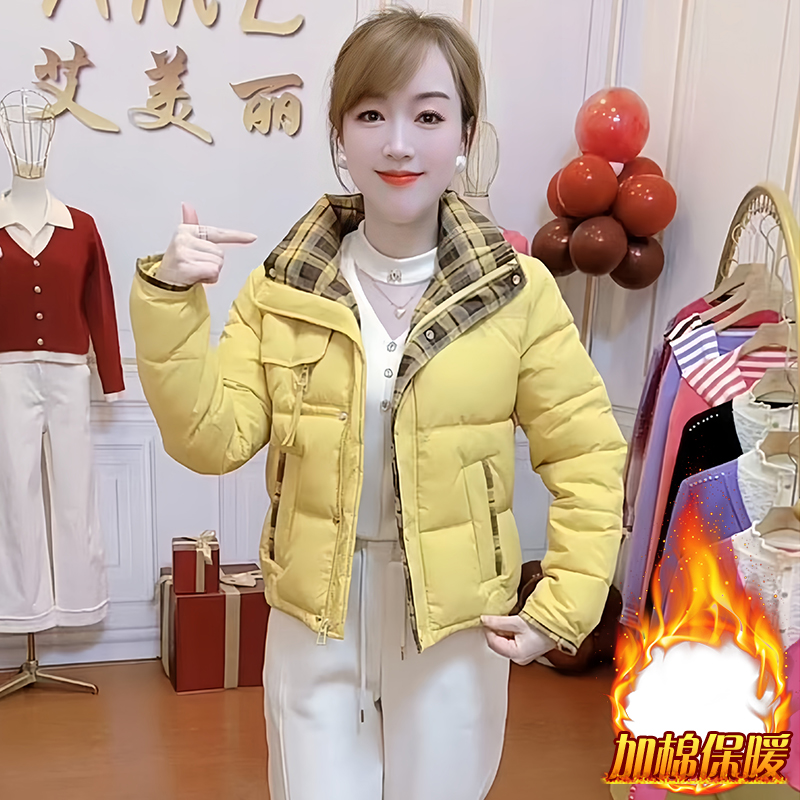 加厚时尚格子拼接棉服女2025冬季新款洋气小个子短款保暖棉袄外套
