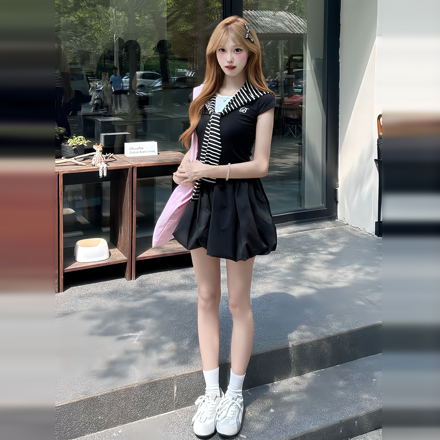 韩系学院风黑色假两件连衣裙女夏季2025新款小个子坎肩短袖花苞裙