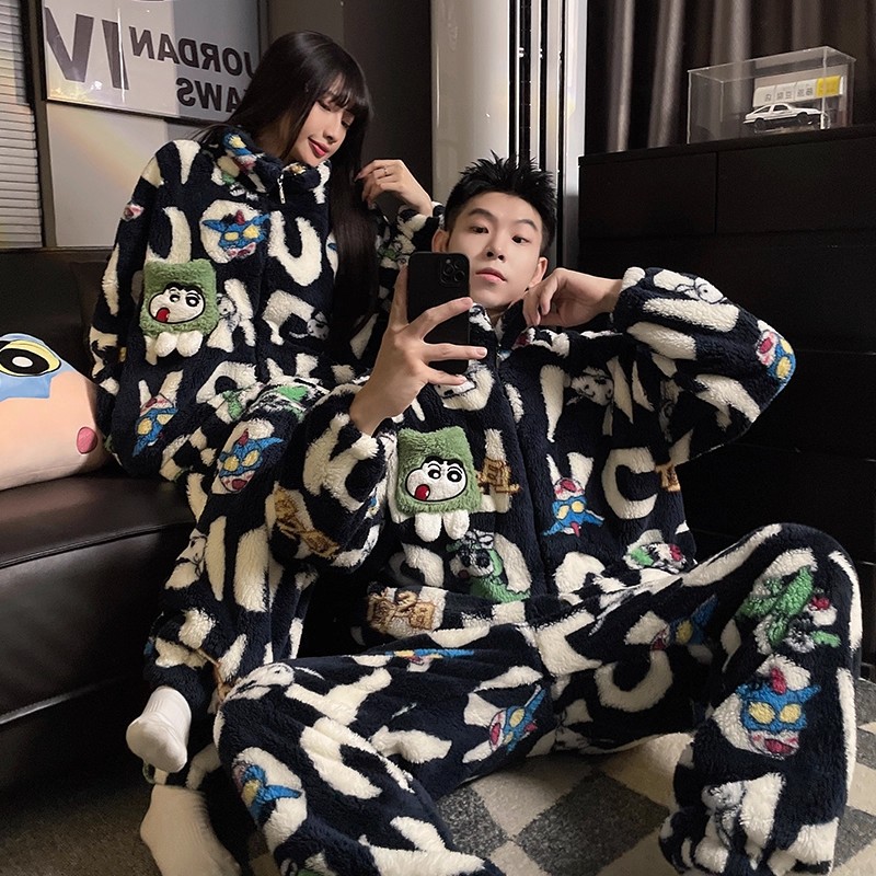 珊瑚绒加绒加厚蜡笔小新情侣睡衣女秋冬季可爱男士冬天家居服套装