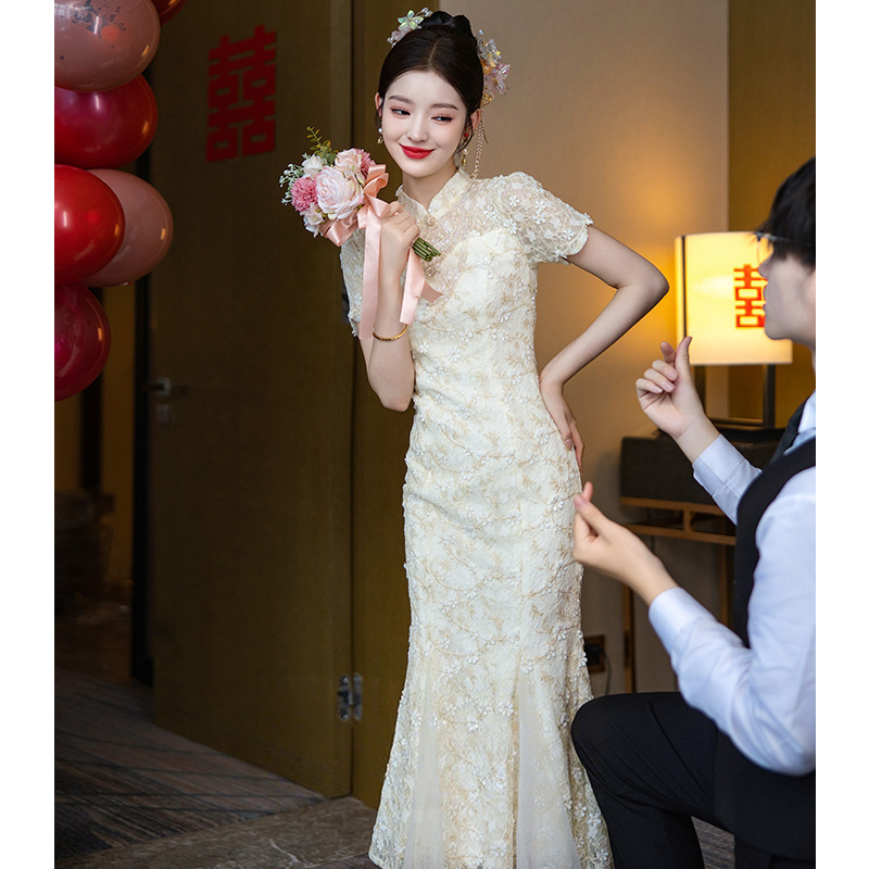 新中式旗袍改良版鱼尾群2025新款新娘订婚礼服回门便装高级感修身