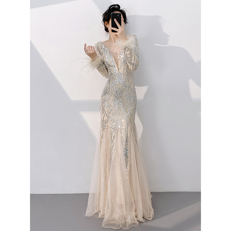 香槟色晚礼服女高级感气质绝美轻奢小众高端名媛年会主持人鱼尾裙