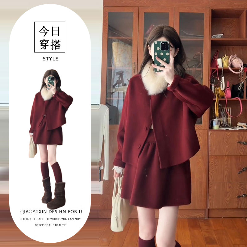 2025本命年新年穿搭miu系富家千金小香风红色外套半身裙套装冬季