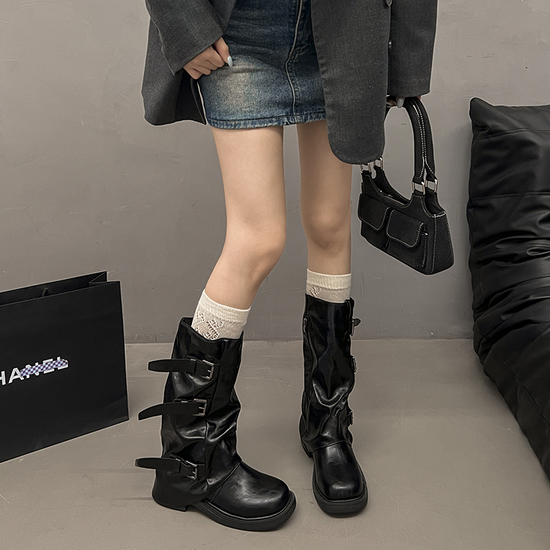 皮带扣褶皱厚底中筒靴女2025秋冬季新款爆款裤管西部靴ins潮靴子