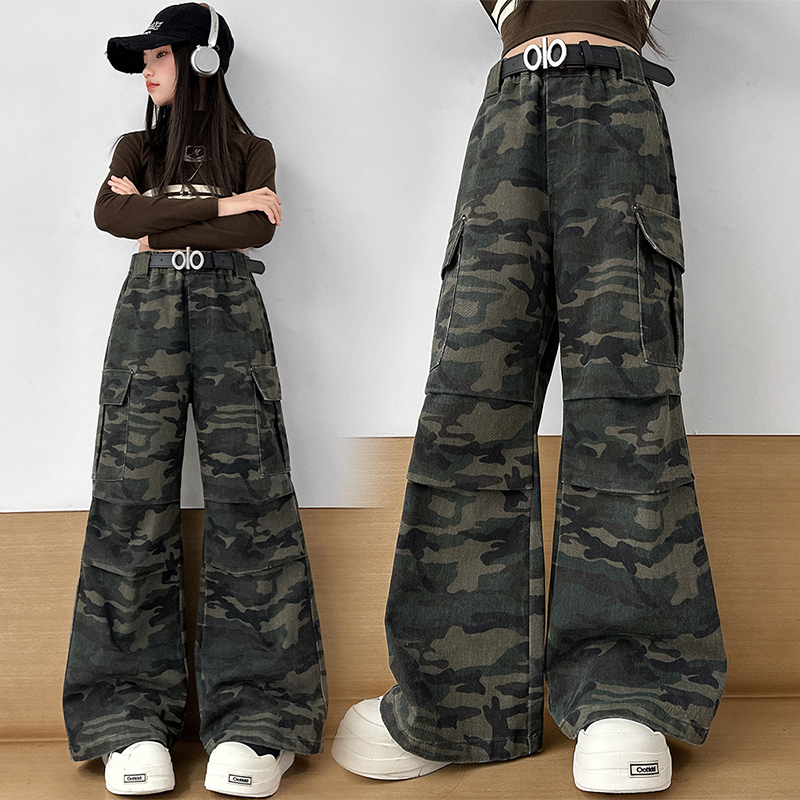 女童迷彩工装裤秋装新款洋气儿童裤子宽松阔腿裤中大童外穿直筒裤