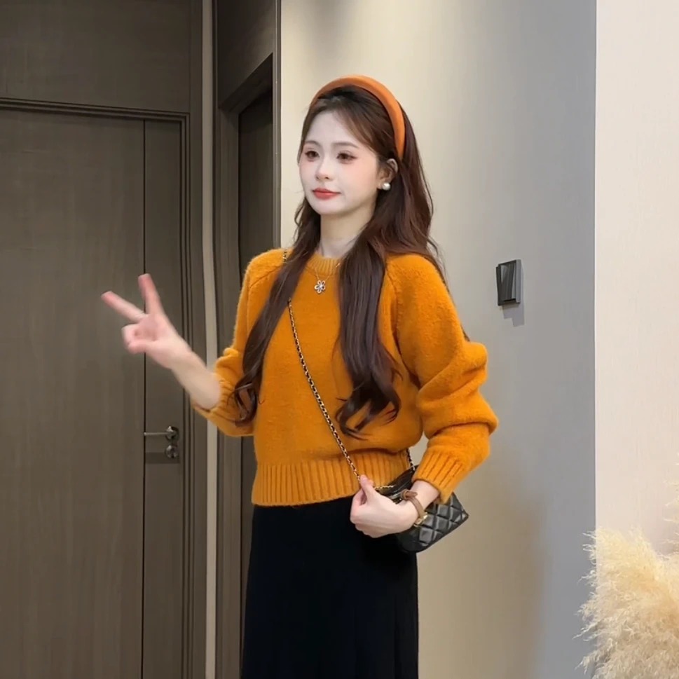 慵懒风圆领简约纯色毛衣宽松2025韩版休闲百搭套头针织长袖K1-21