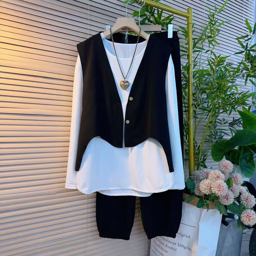 8155早秋新款大码女装宽松显瘦马甲＋长袖小衫＋长裤休闲减龄套装女