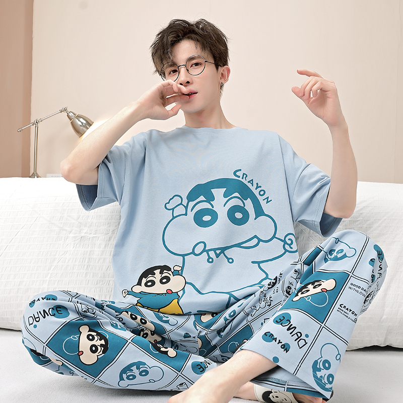 男士睡衣夏季纯棉短袖长裤卡通蜡笔小新春夏季学生薄款家居服套装