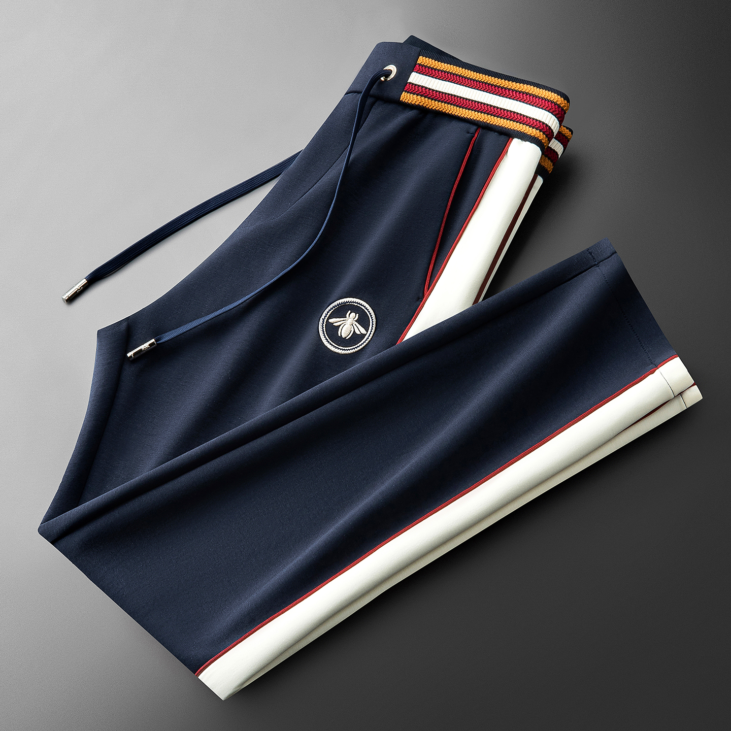 内米霍切秋冬轻奢时尚柔软太空棉卫裤刺绣拼接男士运动直筒休闲裤