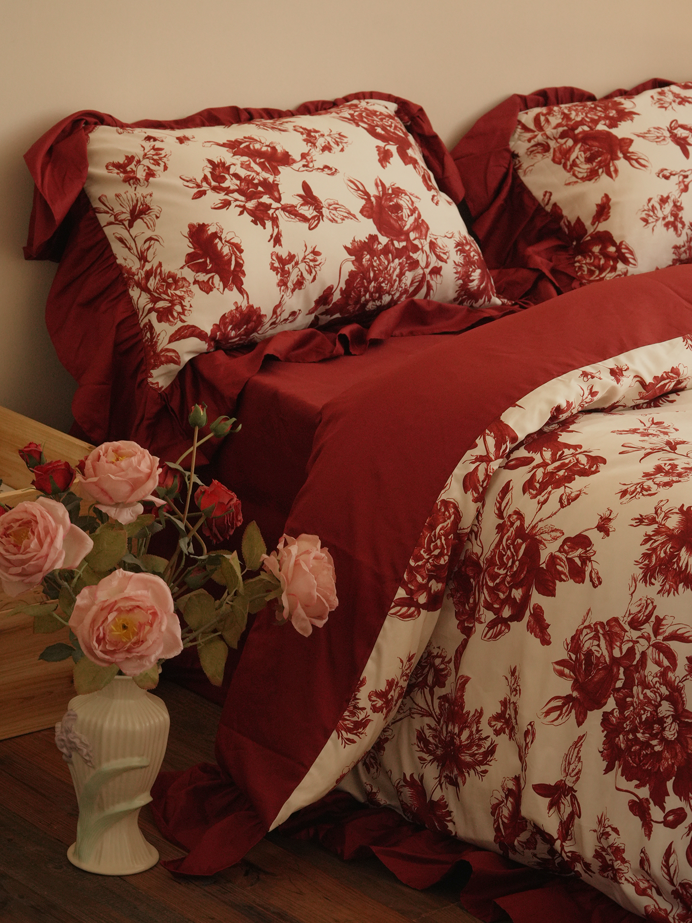 嫣然|木兰花集原创复古红色婚庆100长绒棉床上用品100纯棉四件套
