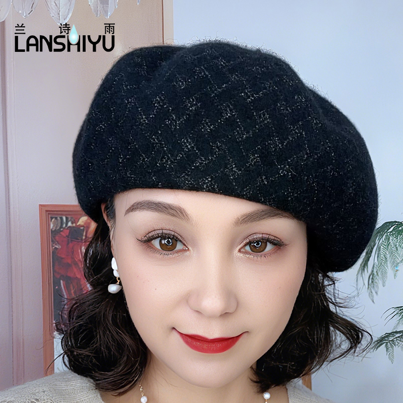 秋冬时尚贝雷帽百搭文艺格纹贝雷帽女士保暖韩版复古贝雷帽脸小