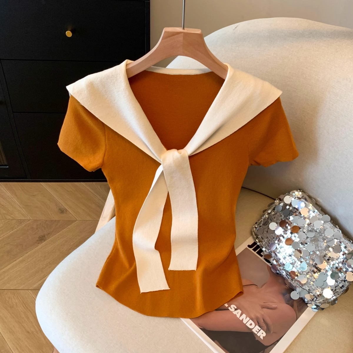 撞色海军领v领冰丝针织短袖t恤女夏季修身显瘦设计感披肩叠穿上衣