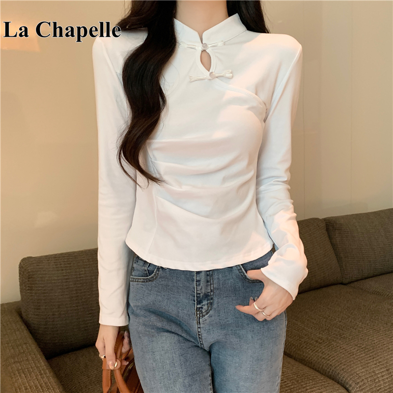拉夏贝尔立领盘扣镂空压褶长袖T恤女新中式纯欲风修身显瘦上衣秋