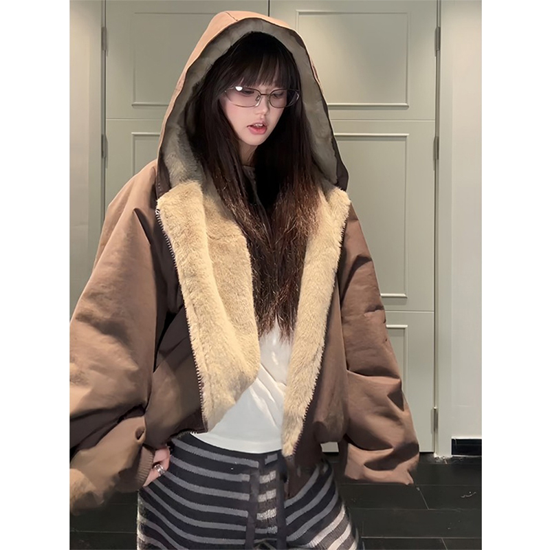 Kawayi豆子重磅帆布仿貂毛座山雕外套男女秋冬季保暖情侣连帽夹克