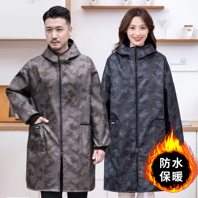 时尚女迷彩加绒保暖防水罩衣长袖围裙上班干活劳保工作加厚外套男