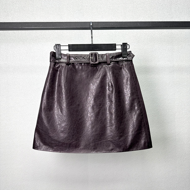 2025新款绵羊皮油蜡皮裙女防走光半身裙高腰腰带A字包臀短裙