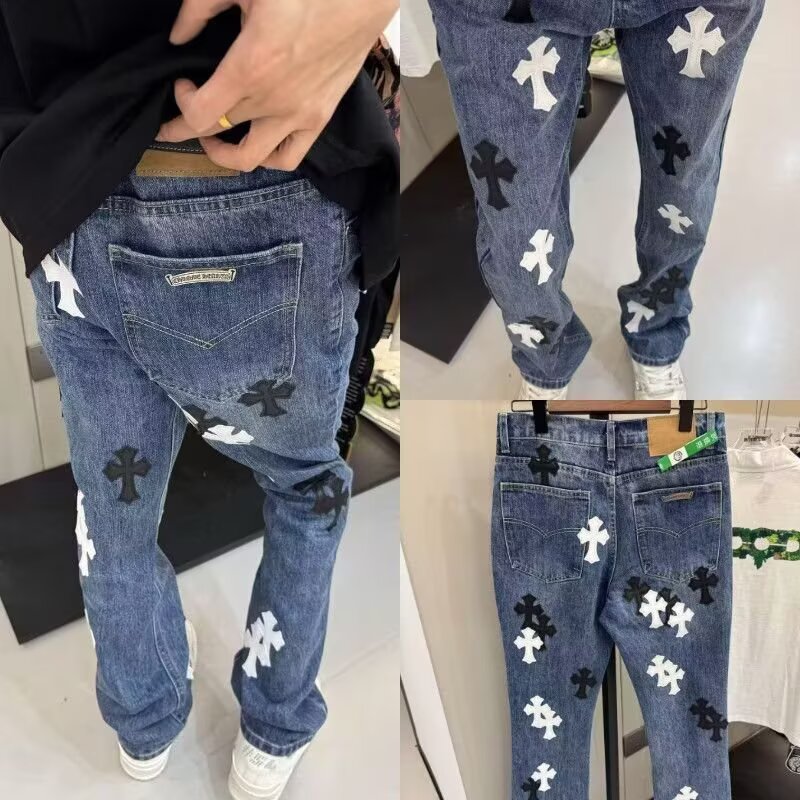 潮牌皮标十字架牛仔裤水洗休闲男女款直筒宽松美式裤子长裤