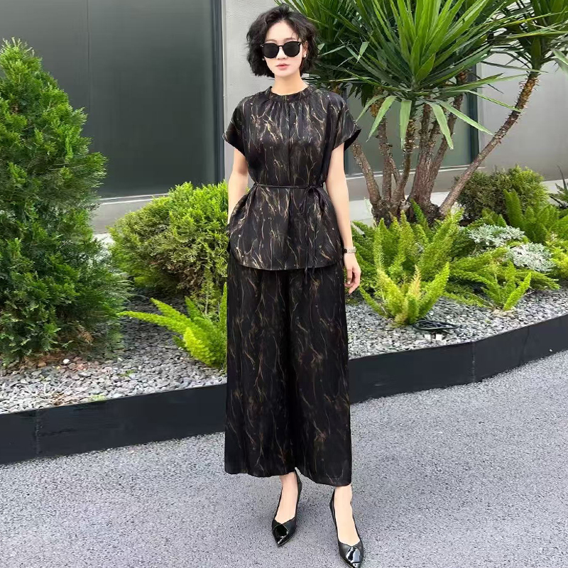 原创大码女士两件套夏季新款宽松遮肚显瘦上衣+阔腿裤气质两件套