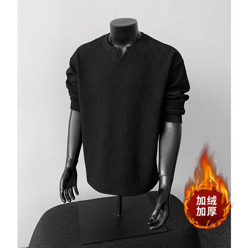 加绒加厚肌理感V领打底衫卫衣男秋冬休闲百搭宽松潮流长袖T恤内搭