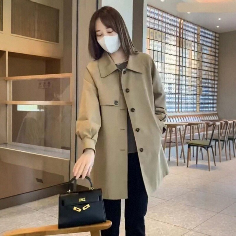 卡其色风衣女小个子春秋新款2025中长款灯笼袖宽松休闲高级感外套