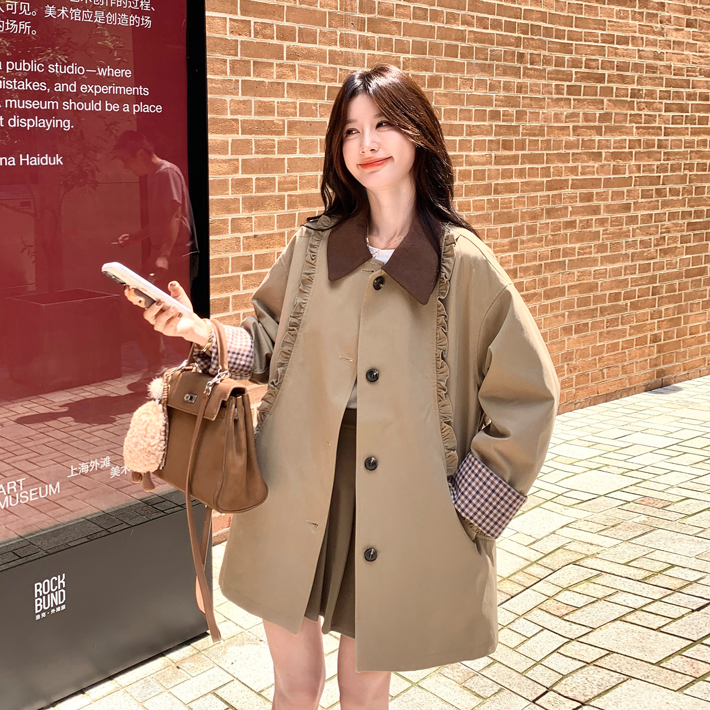 卡其色木耳边拼接风衣外套女2025秋季新款小个子宽松显瘦气质大衣