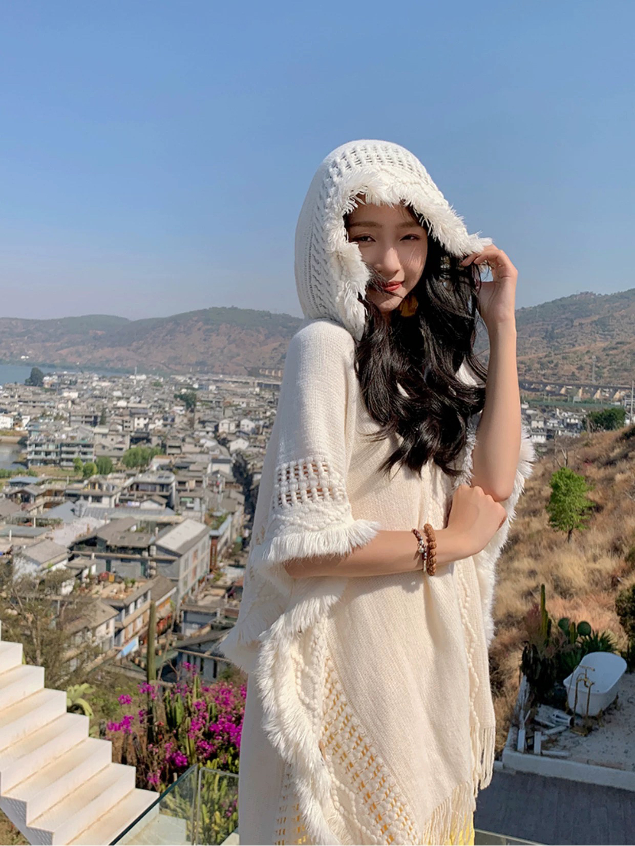 cq108大理丽江斗篷波西米亚流苏针织连帽披肩春夏套头