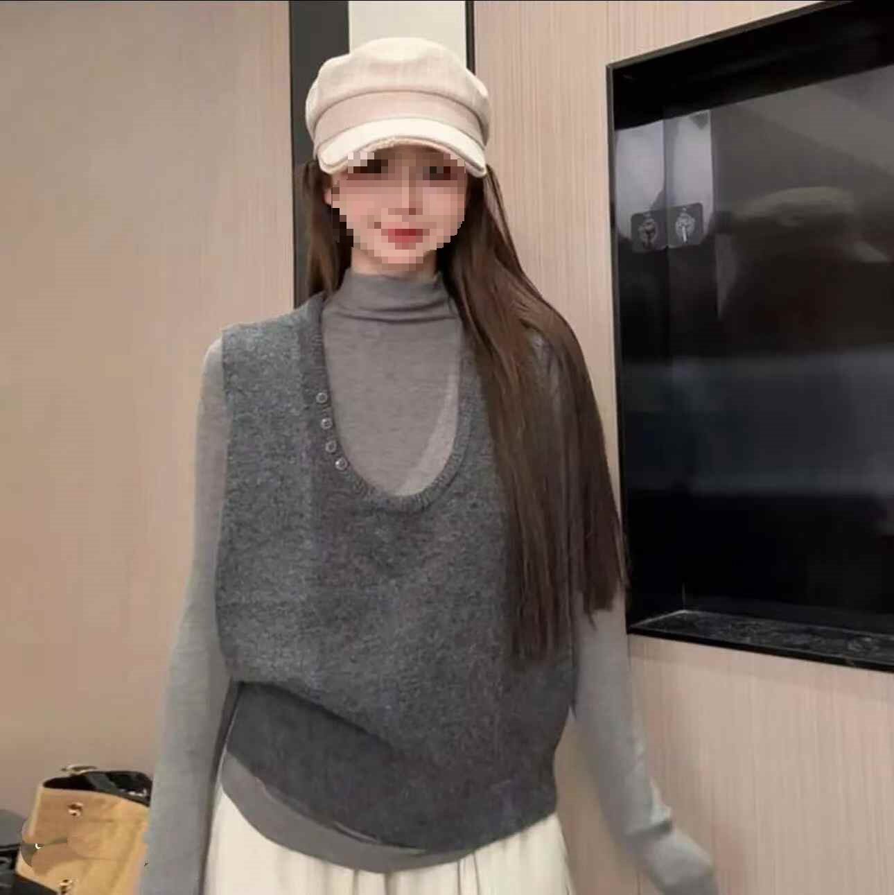 大码胖mm韩版简约风软糯叠穿针织马甲女秋季显瘦百搭背心#2541