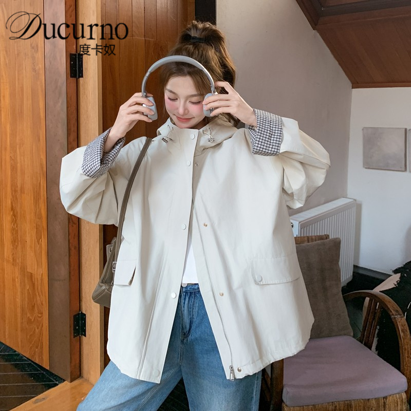 韩系格纹翻袖连帽工装外套女2025秋季新款高级感复古减龄宽松夹克