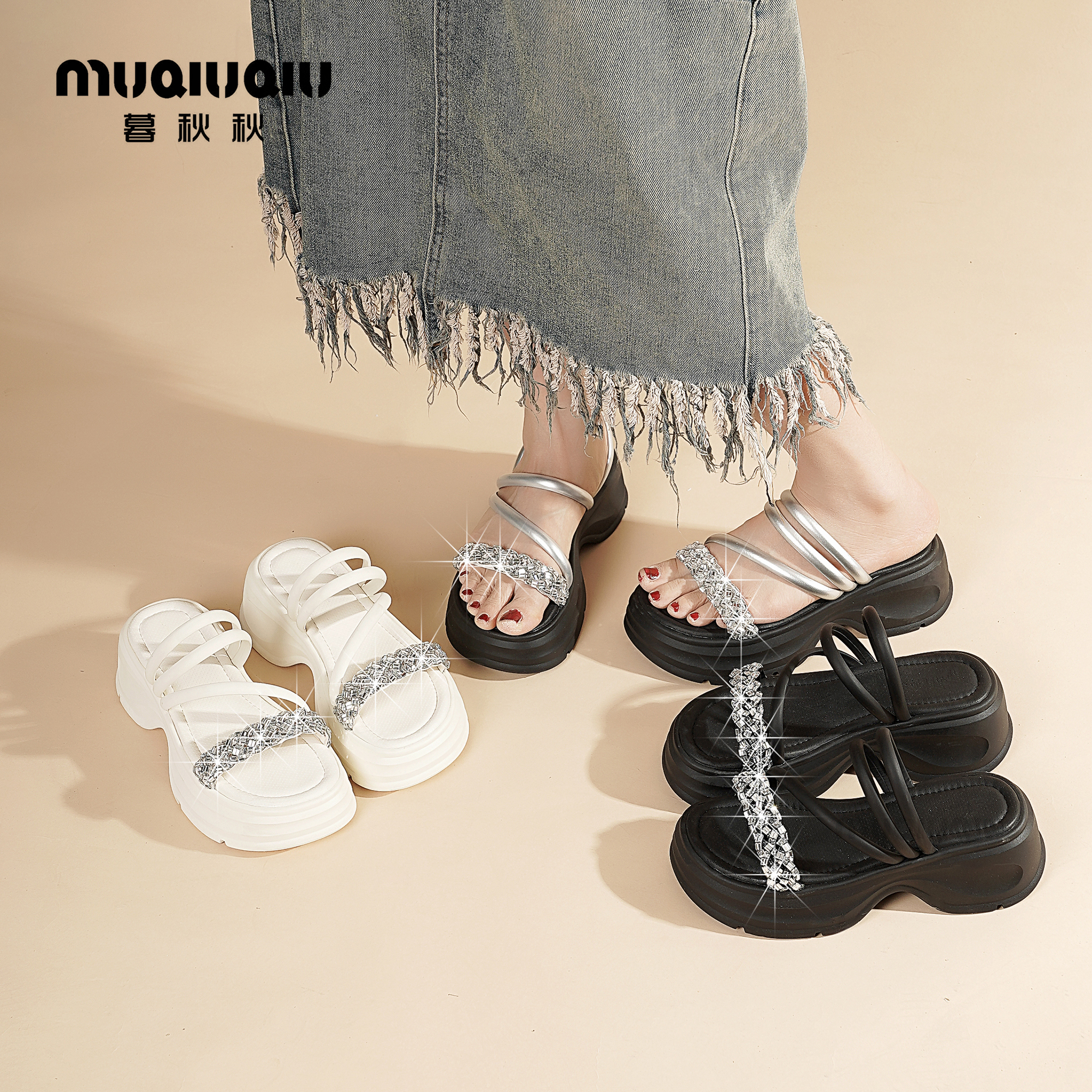 暮秋秋一鞋两穿厚底松糕跟春季凉拖鞋浅口女鞋夏季一字拖【潮流】