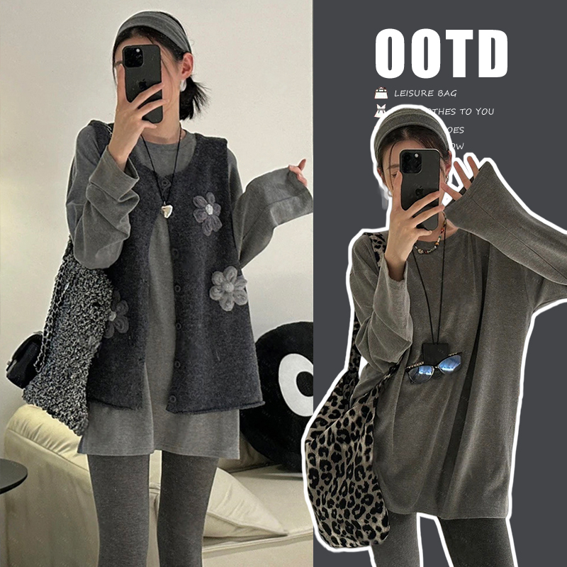 时尚孕妇秋季提花针织无袖马甲背心马甲宽松型T恤上衣两件套