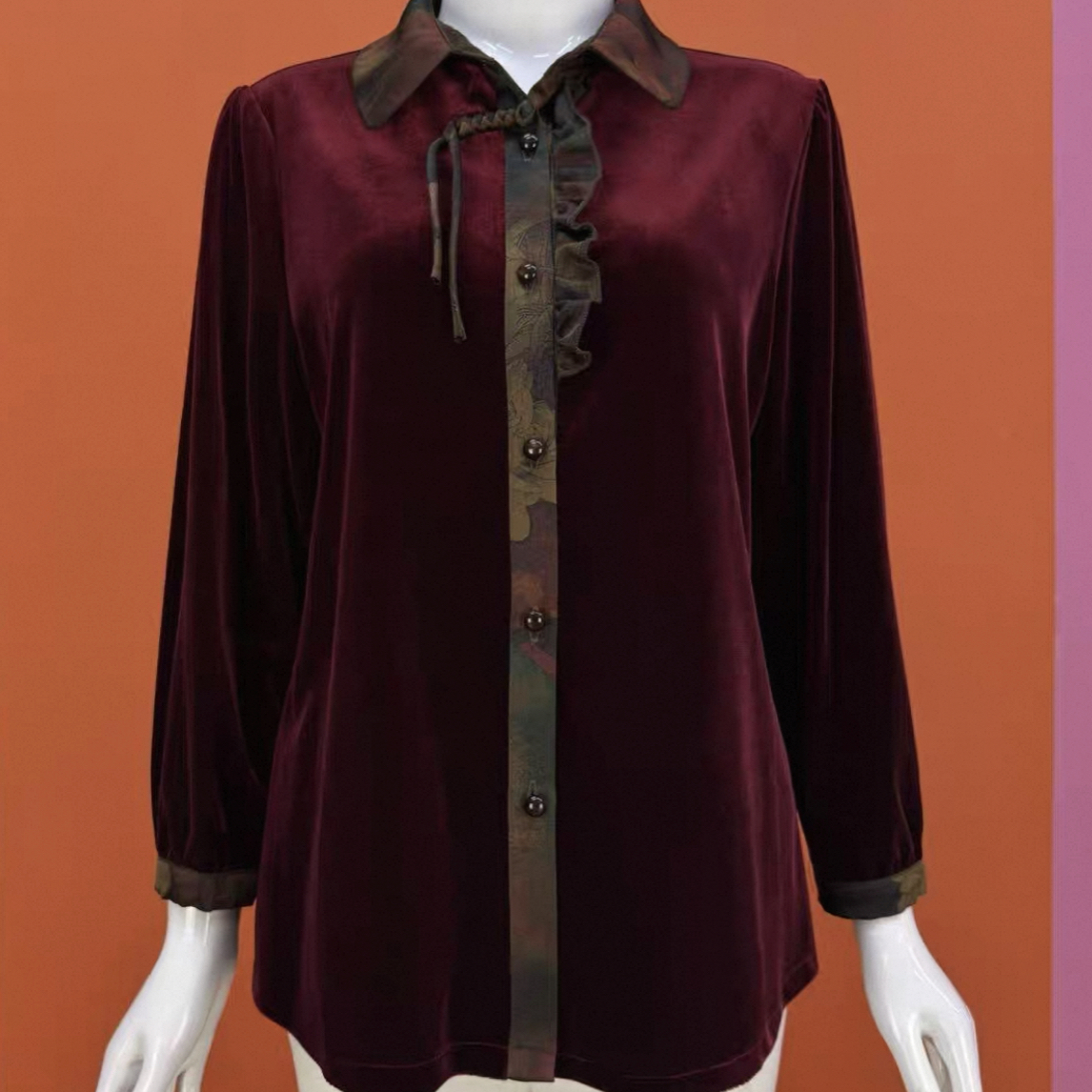 木耳花边领长袖丝绒开衫秋季时尚气质打底小衫