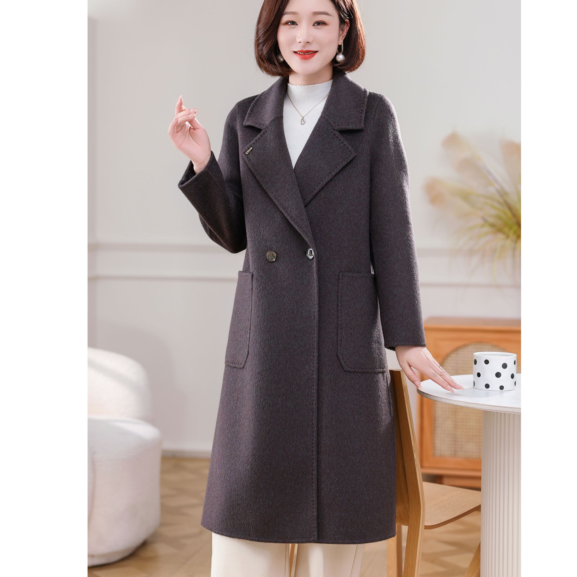 ziyang/孜洋秋冬双面羊毛大衣长款女西装领骆驼绒毛呢子外套5213