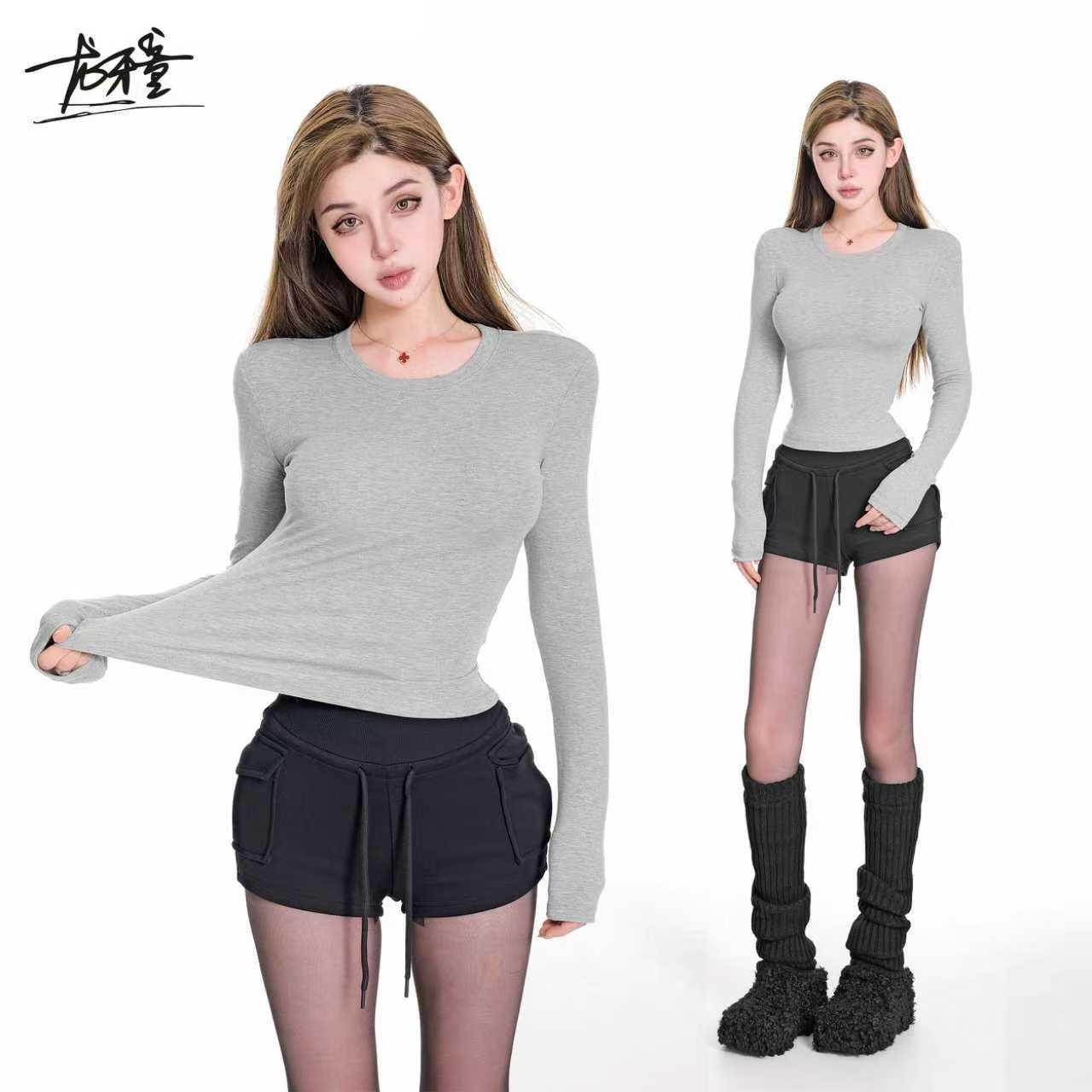 龙牙童推荐【沙漏腰）加绒打底】秋冬辣妹长袖t恤显瘦修身百搭圆领