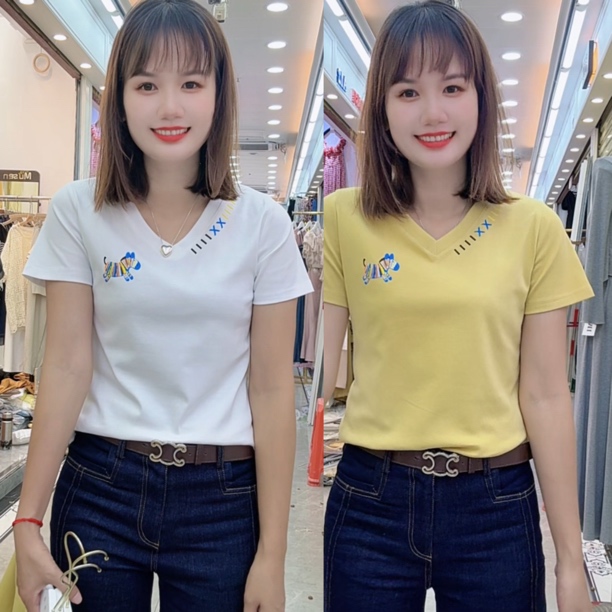 0613（美姿）V领新款显瘦时尚百搭女装短袖夏季棉料洋气简约T恤