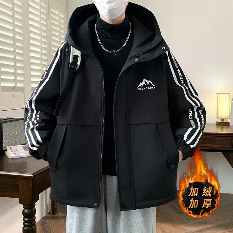 青少年加绒保暖夹克学生冬季新款连帽休闲宽松加厚外套潮流韩版