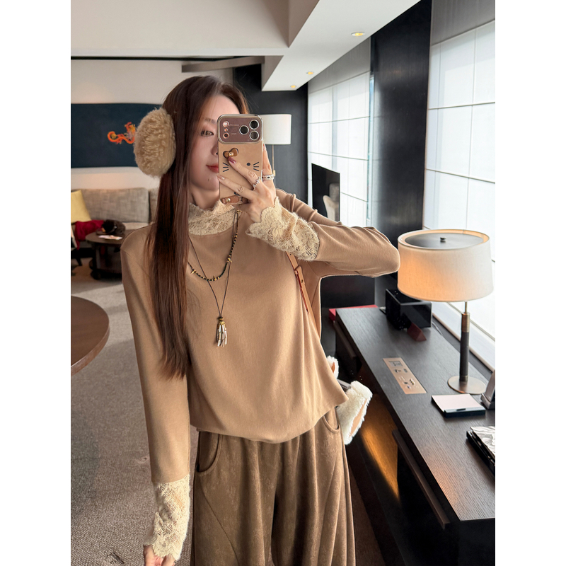 张涩涩"初心之选"软如棉花 260g加厚咖色蕾丝拼接高领打底衫